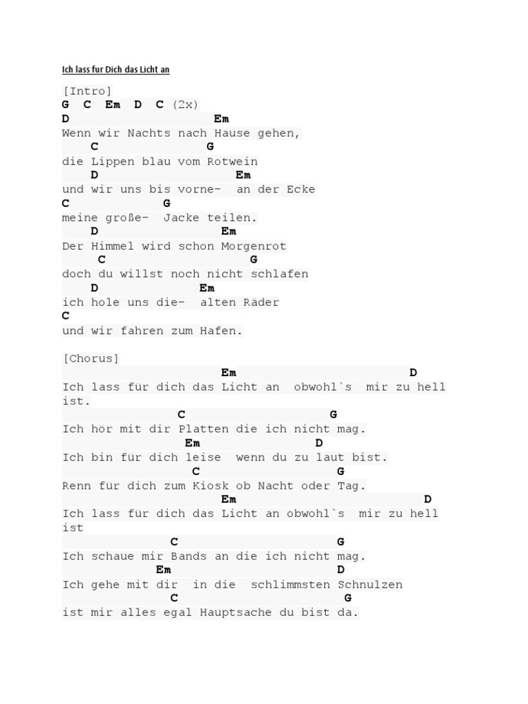 Ich Lass Für Dich Das Licht An Lyrics