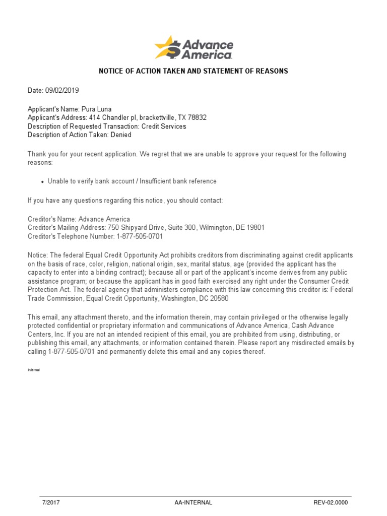 Adverse Action Notice for Pura Luna | PDF
