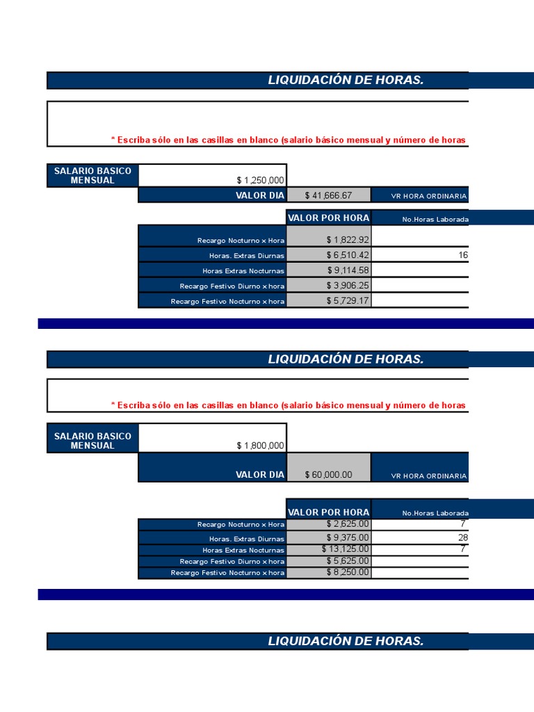 Plantilla Tablas para Calcular Horas Extras y Recargos | PDF | Sueldos ...