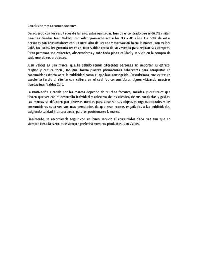 Conclusiones y Recomendaciones Juan Valdez | PDF