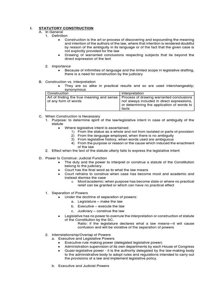 I. Statutory Construction Statutory Interpretation Constitutionality
