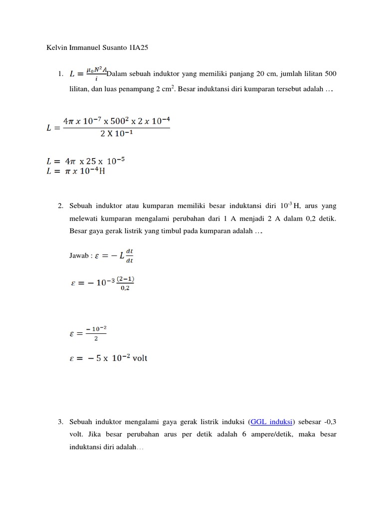 Contoh Soal Dan Jawaban Materi Induktansi Oleh Kelvin Immanuel Susanto