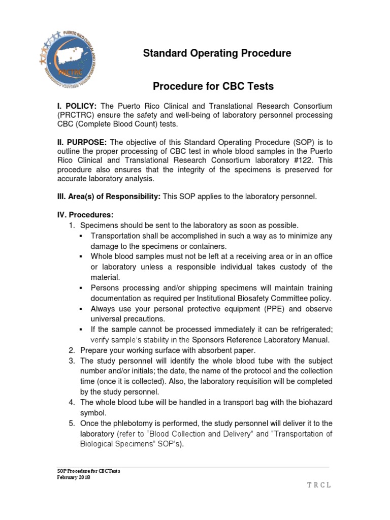 Procedure For CBC Tests PDF Laboratories Safety