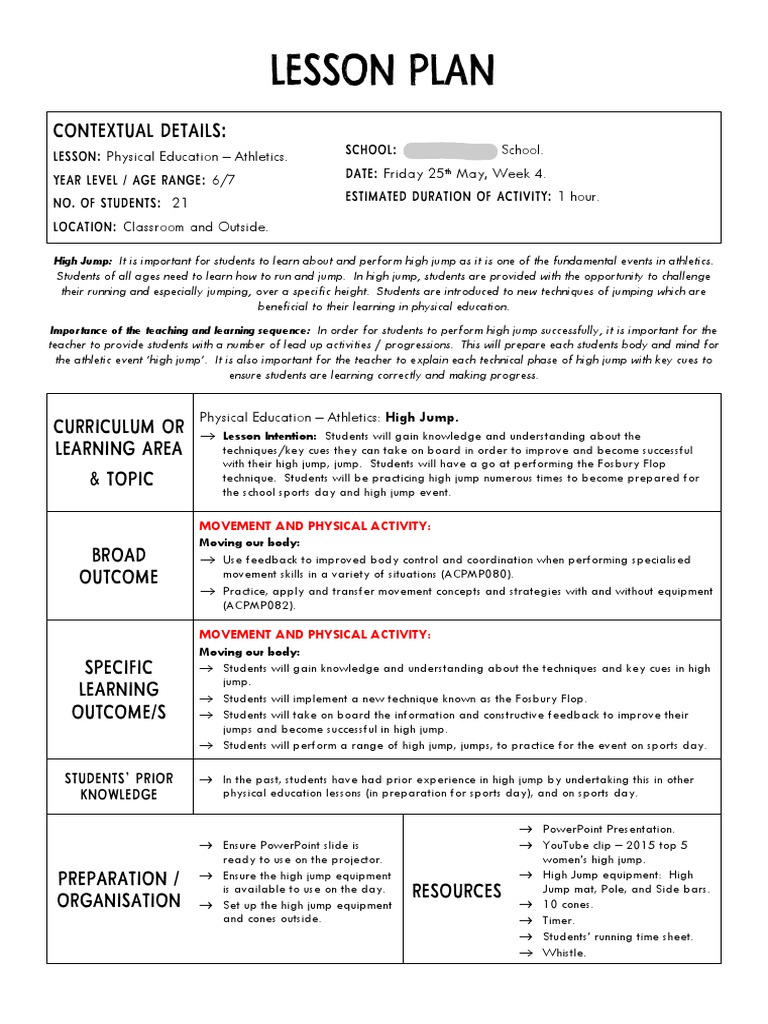High Jump Lesson Plan Physical Education Running
