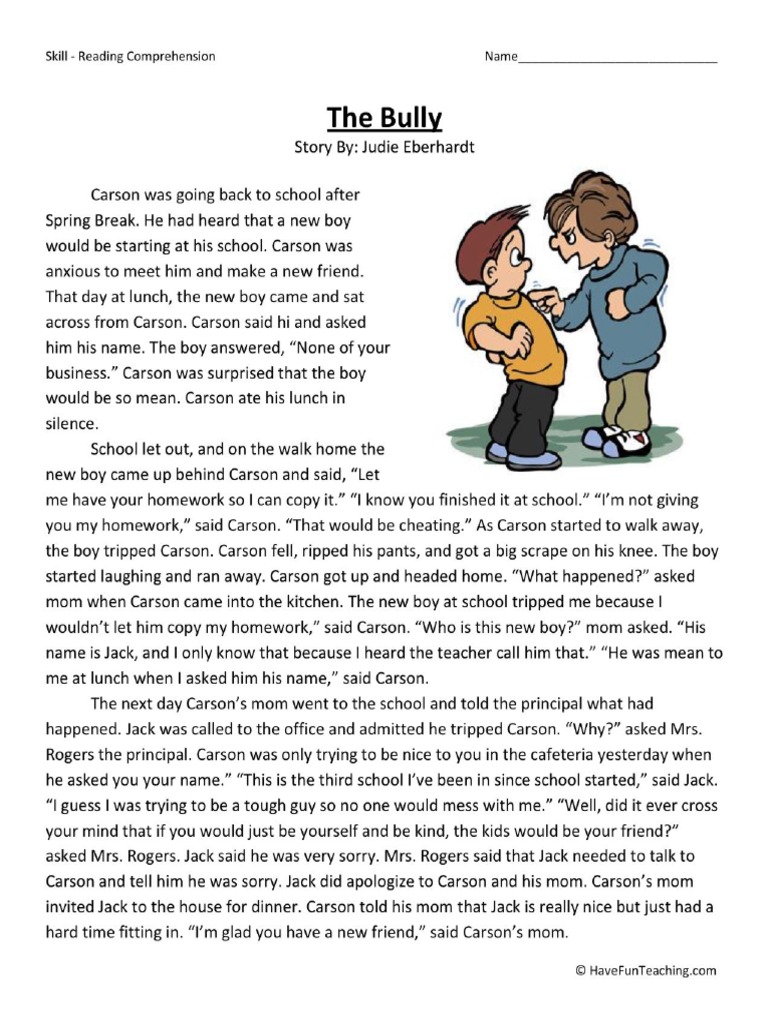 free the bully second grade reading comprehension worksheet