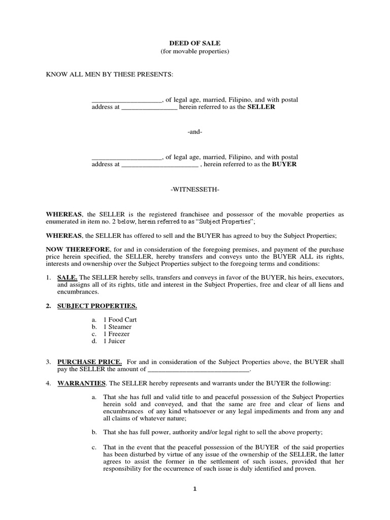 Deed of Sale for Movable Properties | PDF | Deed | Sales