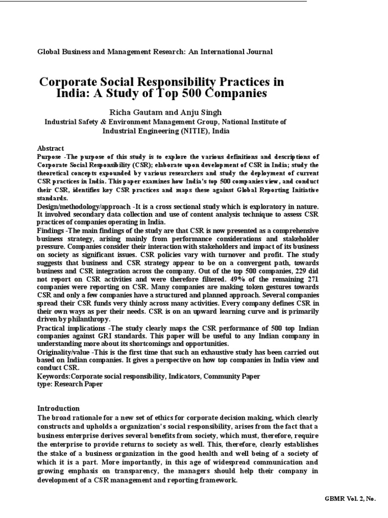 Corporate Social Responsibility Practices in India | PDF | Corporate ...