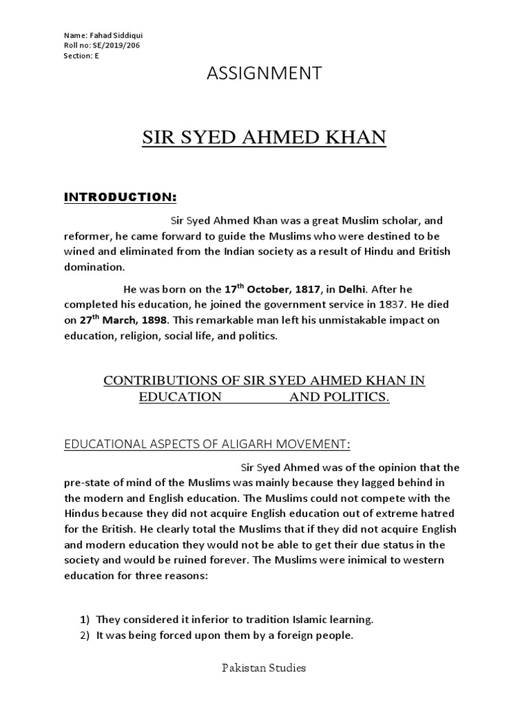 Sir Syed Ahmed Khan Pdf Pakistan Two Nation Theory