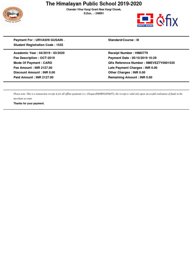 Qfix Payment Receipt for Urvashi Gusain | PDF