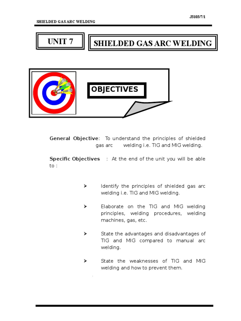 Unit 7 Shielded Gas Arc Welding Objectives PDF Welding Construction