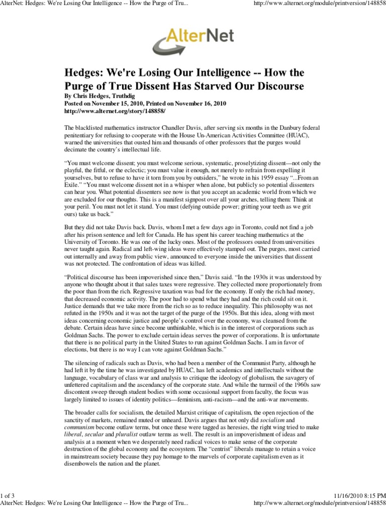 Chris Hedges 2010We're Losing Our Intelligence. How The Purge of True