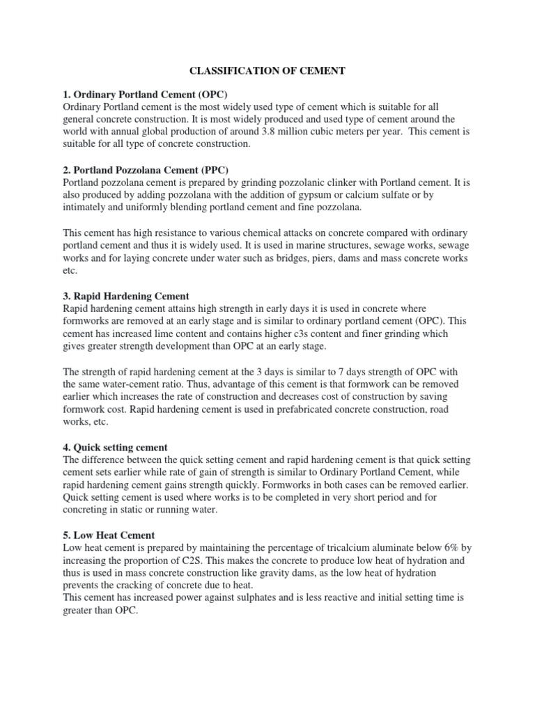 Types and Uses of Cement Explained | PDF | Gravel | Cement