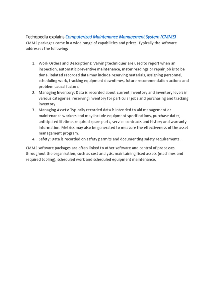 Techopedia Explains: Computerized Maintenance Management System (CMMS ...