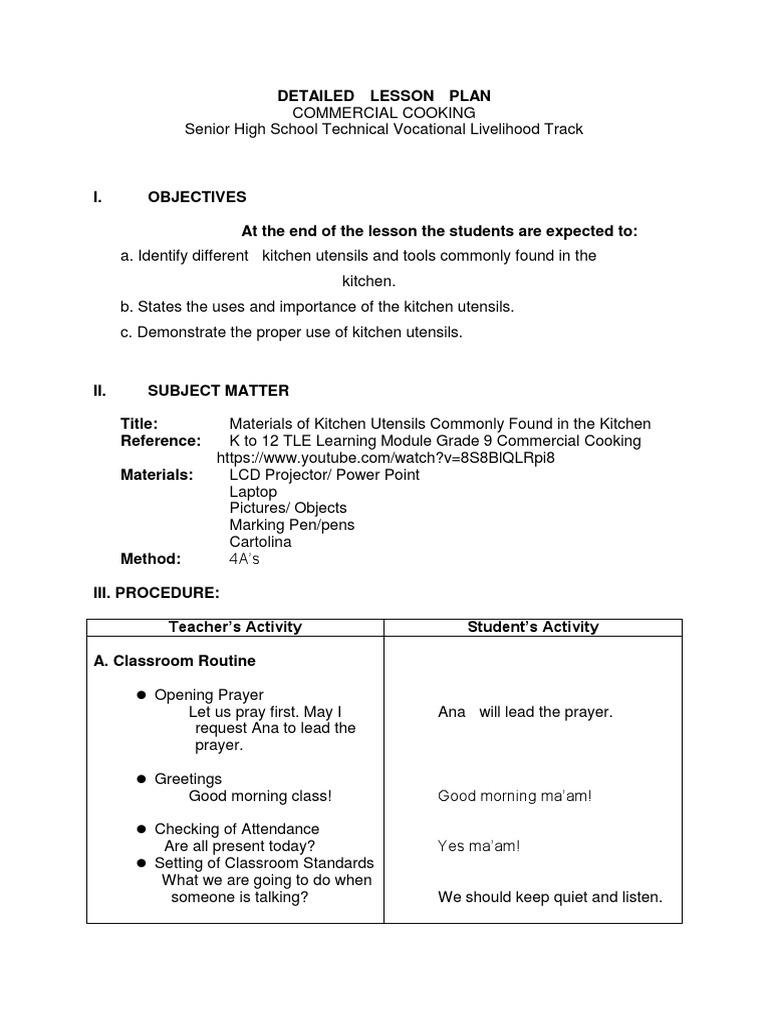Tle Lesson Plan Check by Mam Fe Jabajab | PDF | Kitchen Utensil ...