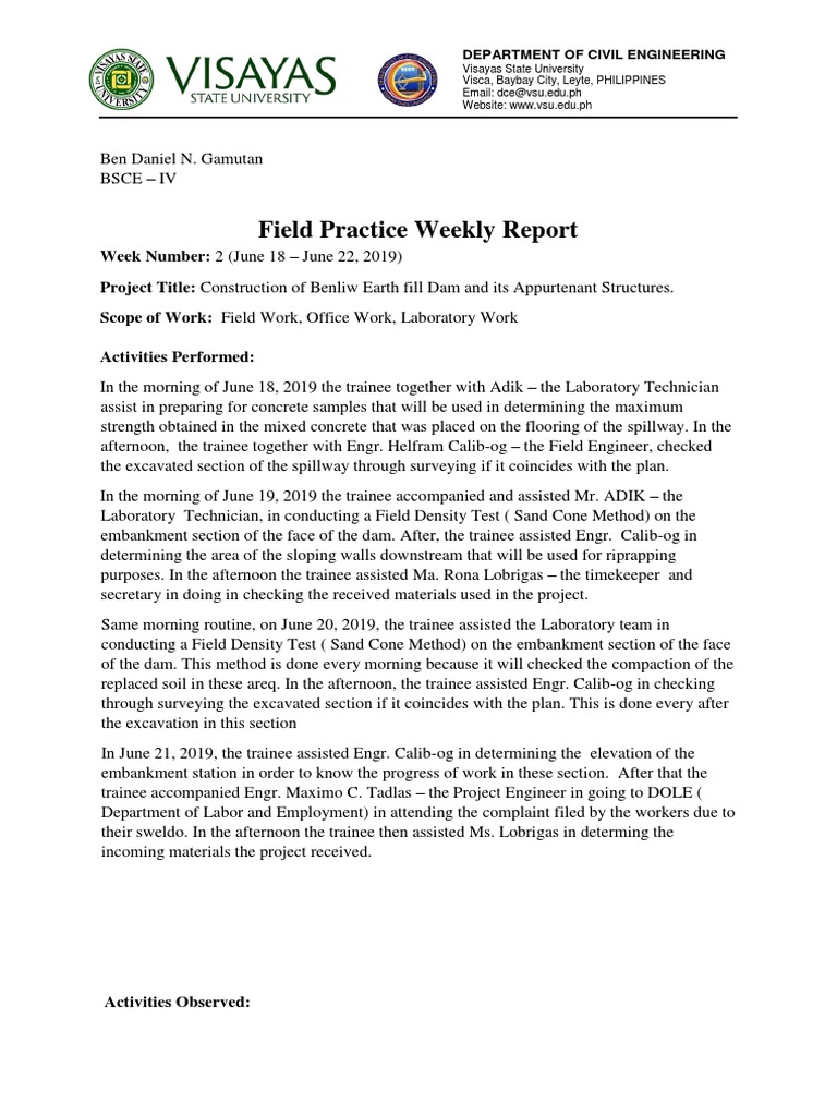 Gamutan - Field Practice Week 1 Report | PDF | Concrete | Dam