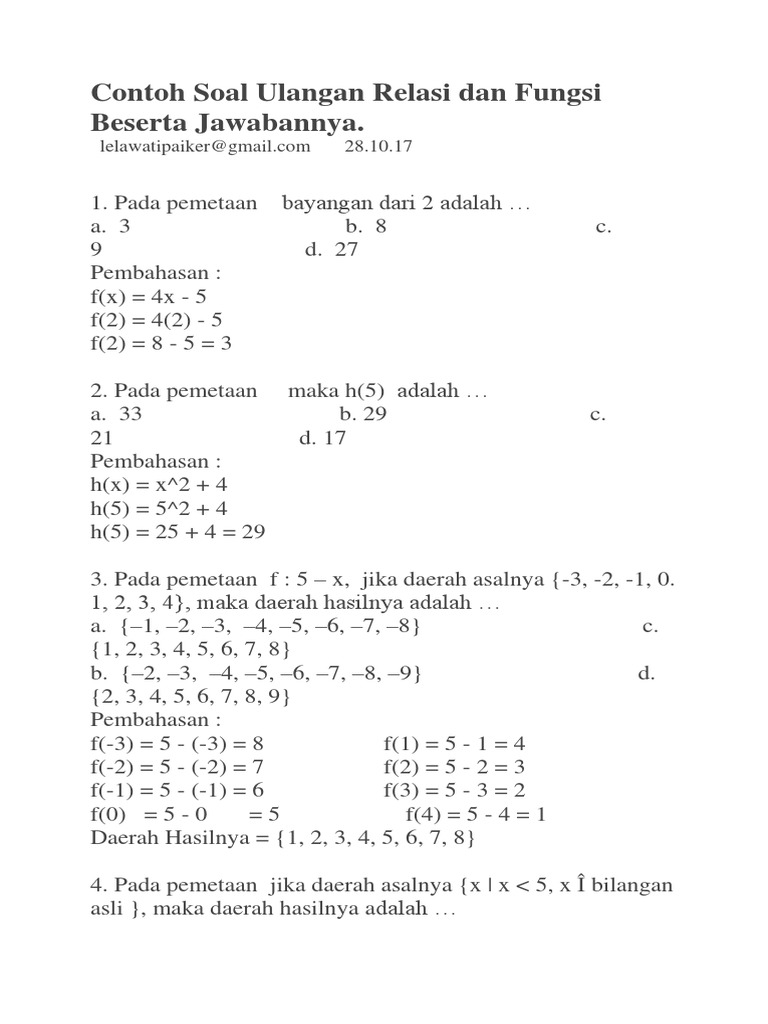 Contoh Soal Ulangan Relasi Dan Fungsi Beserta Jawabannya