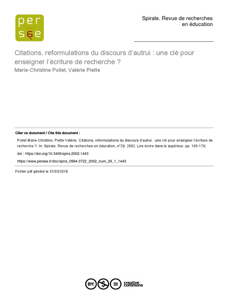 Citations Reformulations Du Discours D Autrui Une Cle Pour Enseigner L Ecriture De Recherche Discourse Justification