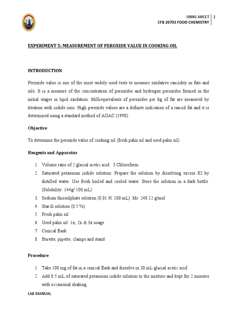 Experiment 5: Measurement of Peroxide Value in Cooking Oil | PDF ...