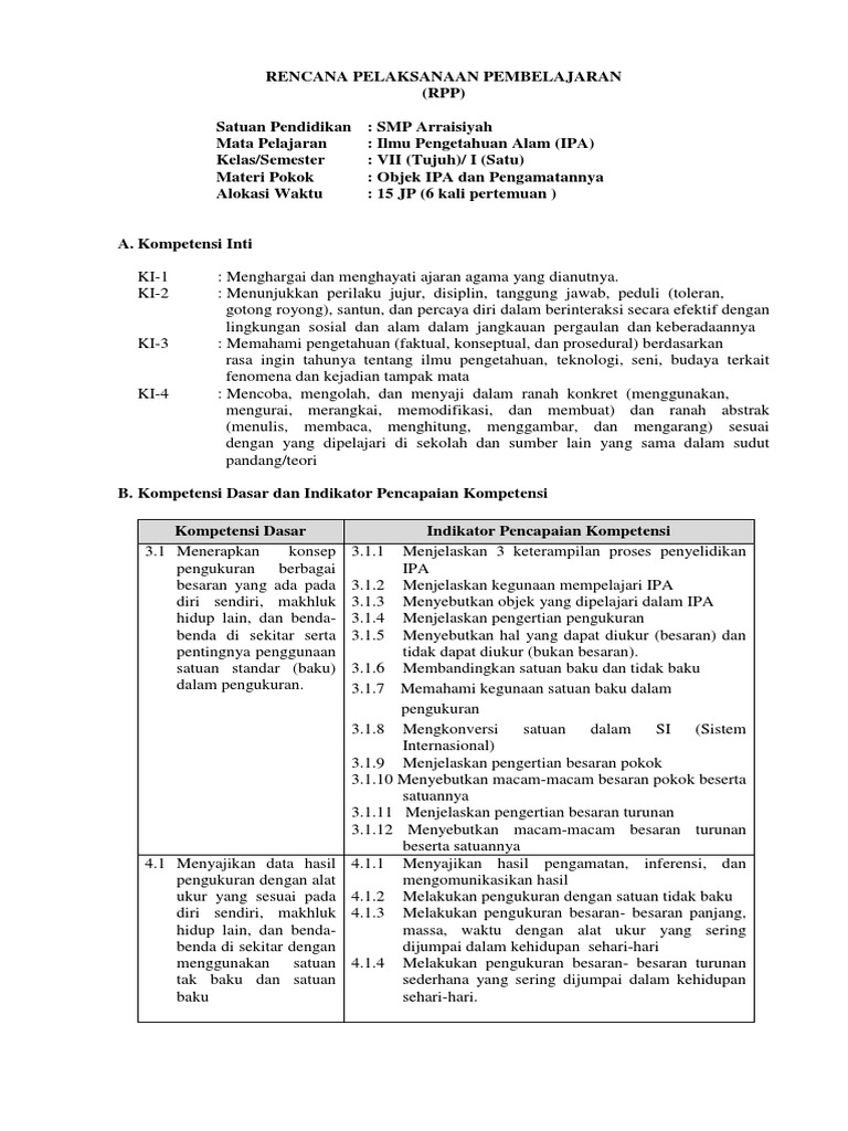 1 Rpp Kd 3 1 Objek Ipa Dan Pengamatannya