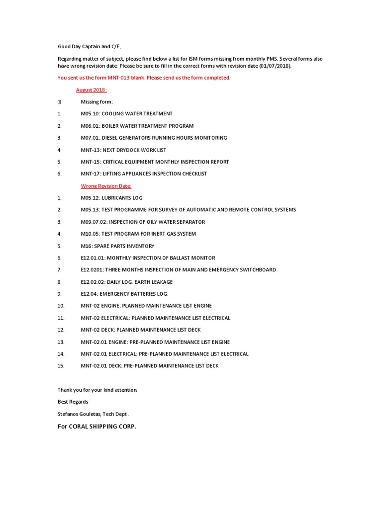 Missing ISM Forms and Revision Dates | PDF