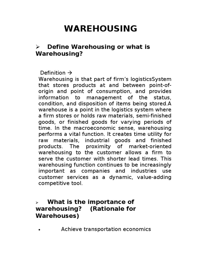 Warehousing Define Warehousing or What Is Warehousing? PDF