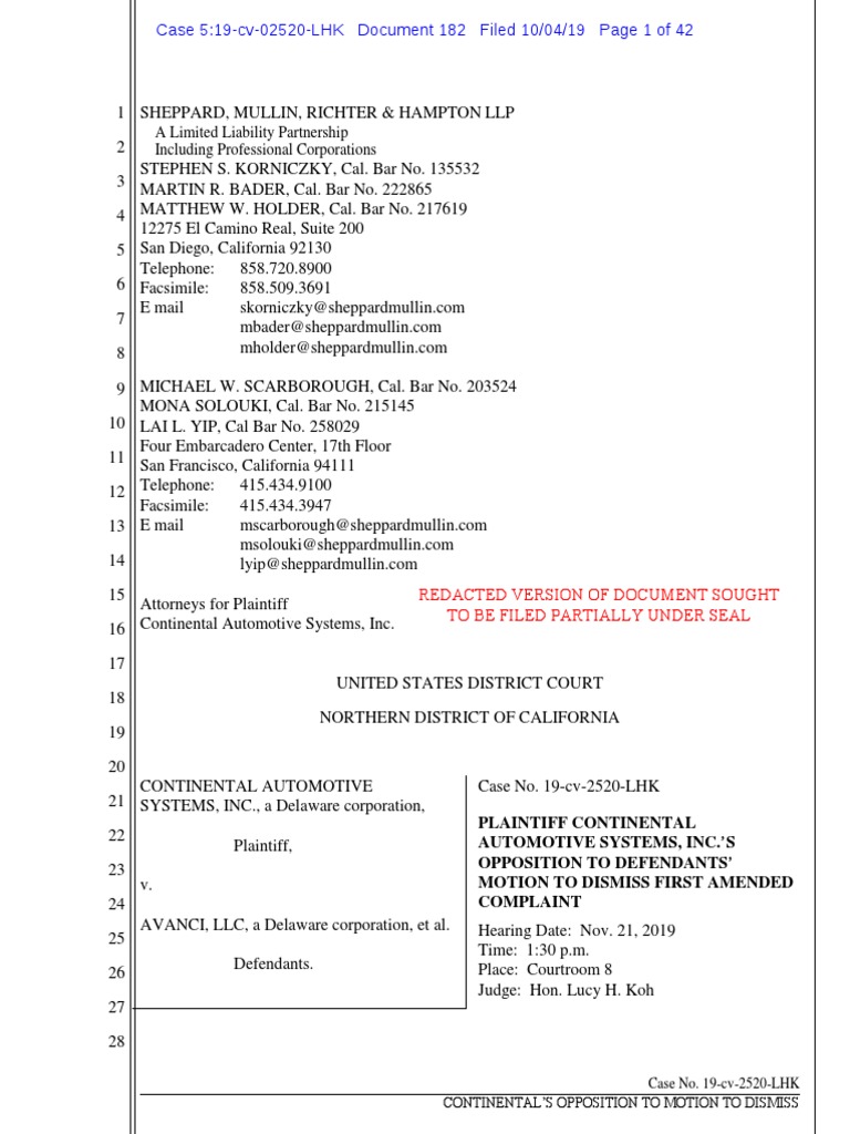 191004 Continental Opposition To Avanci Et Al. Motion To Dismiss Download Free PDF Federal