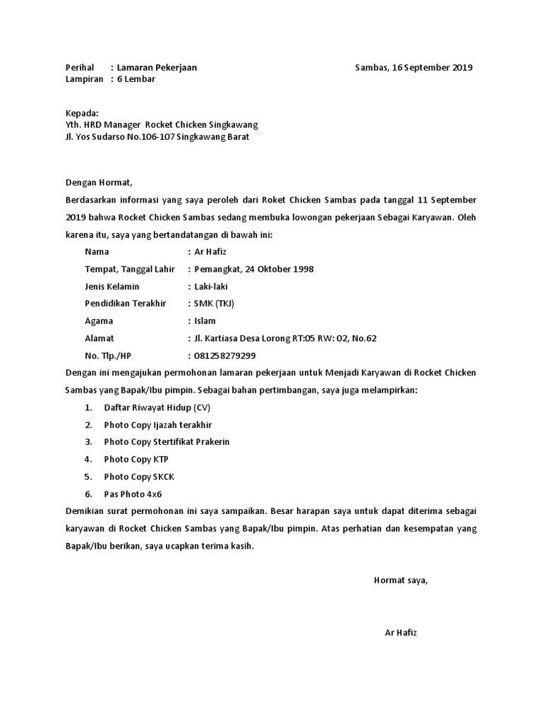 Surat Lamaran Kerja Arhafiz