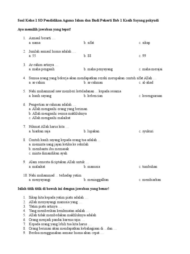 Soal Kelas 1 Sd Pendidikan Agama Islam Dan Budi Pekerti Bab 1 Kasih Sayang Pakyudi