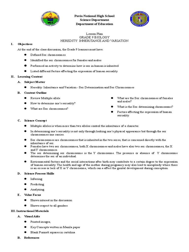 Lesson Plan Grade 9 Biology Heredity: Inheritance and Variation | PDF ...