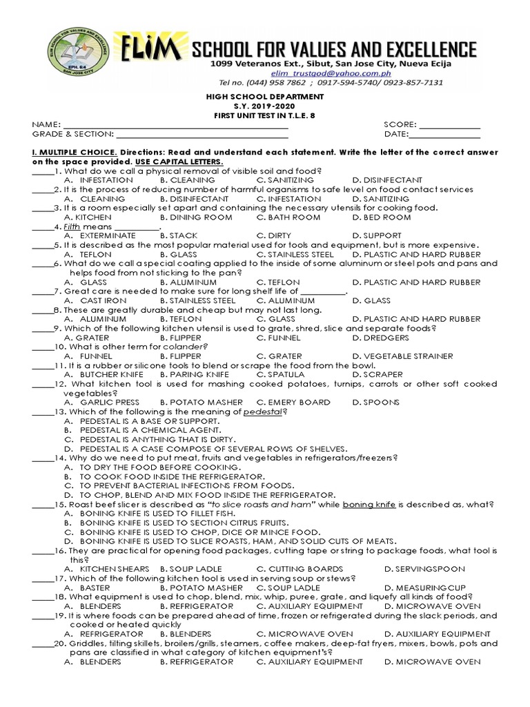 TLE 8 First Unit Test: Kitchen Basics | PDF | Kitchen Utensil | Frying Pan