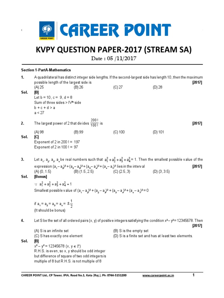 Kvpy Class Xi Sa. (05Nov2017) PDF Lens (Optics) Code
