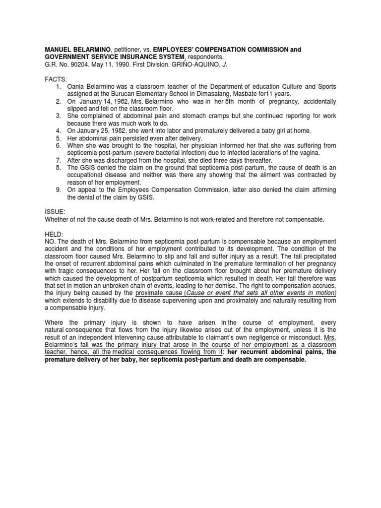 Belarmino Vs ECC PDF Childbirth Employment