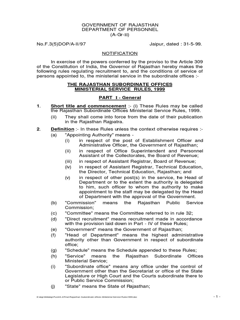 The Rajasthan Subordinate Offices Ministerial Service Rules 1999 PDF