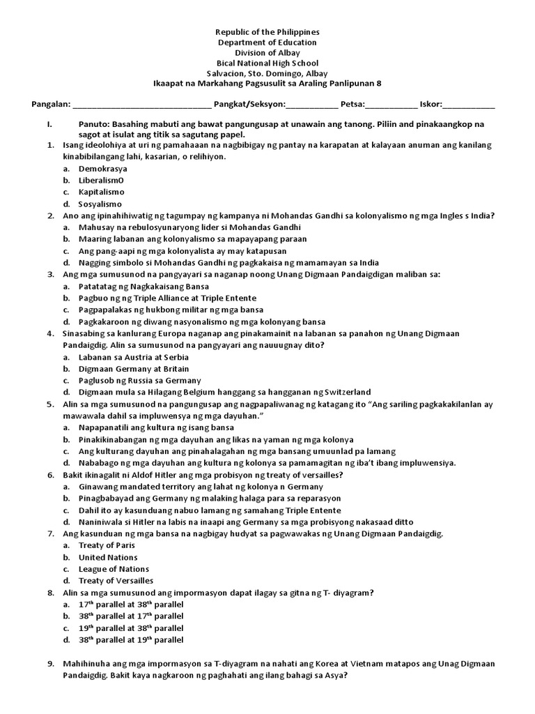 4th Periodical Test in AP 8 | PDF