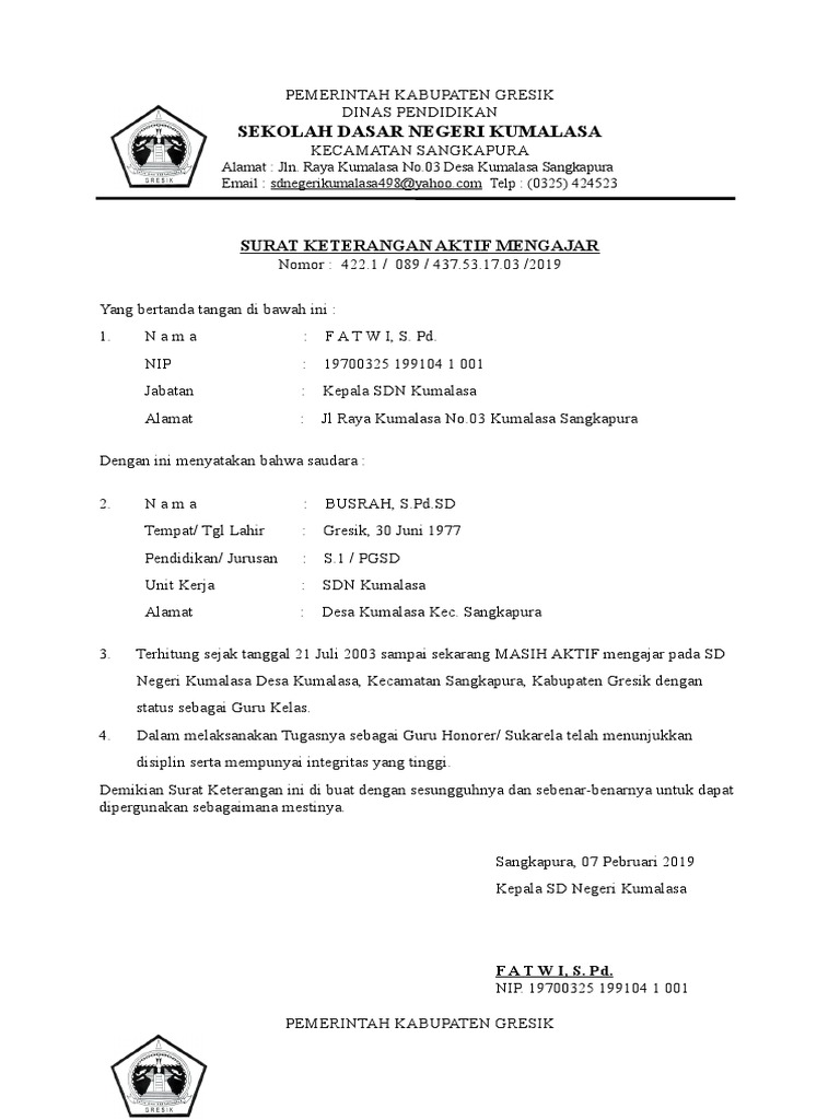 Surat Keterangan Aktif Mengajar 2019 Pdf