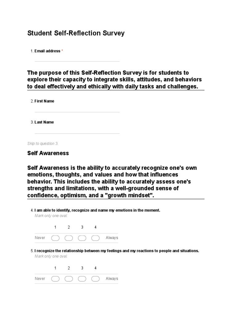 Student SelfReflection Survey PDF Self Awareness Decision Making