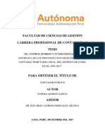 "El Control Interno y Su Influencia en La Eficiencia de Los Procesos Contables Del Estudio Contable Tributario Vidal, Del Distrito de Lurin, en El Año 2015" PDF