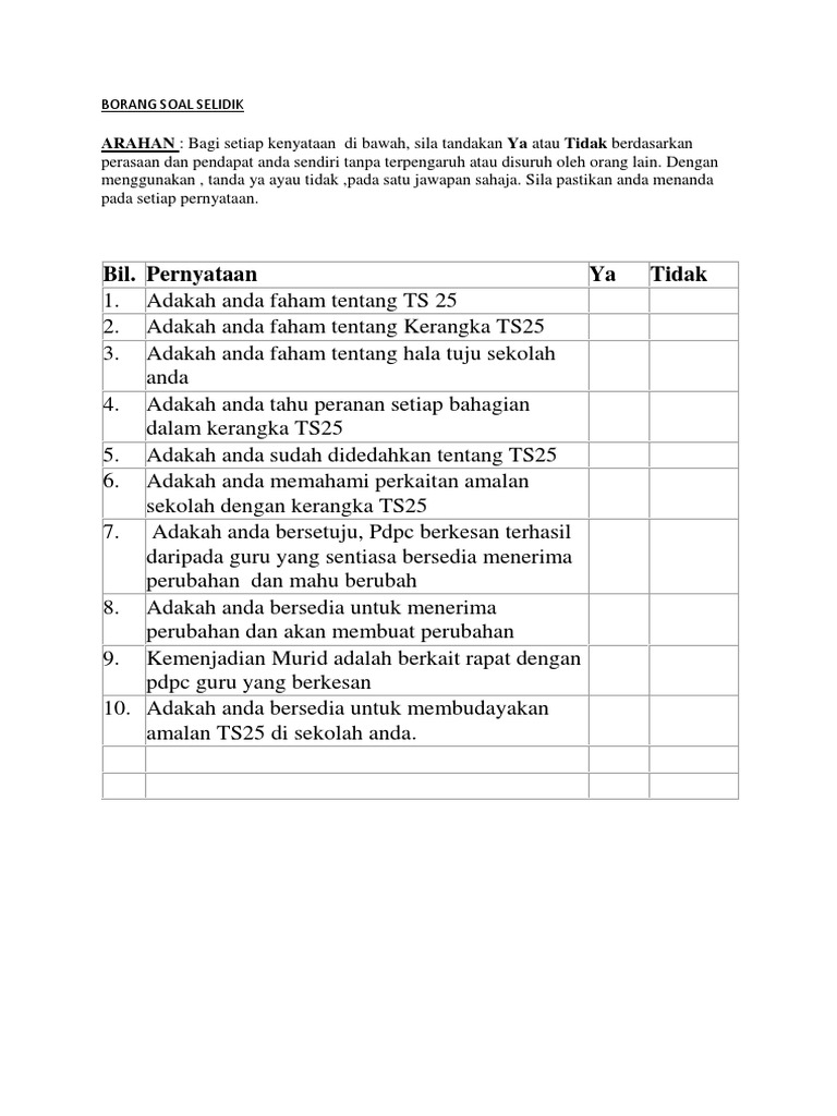 Borang Soal Selidik Ts25 Pdf