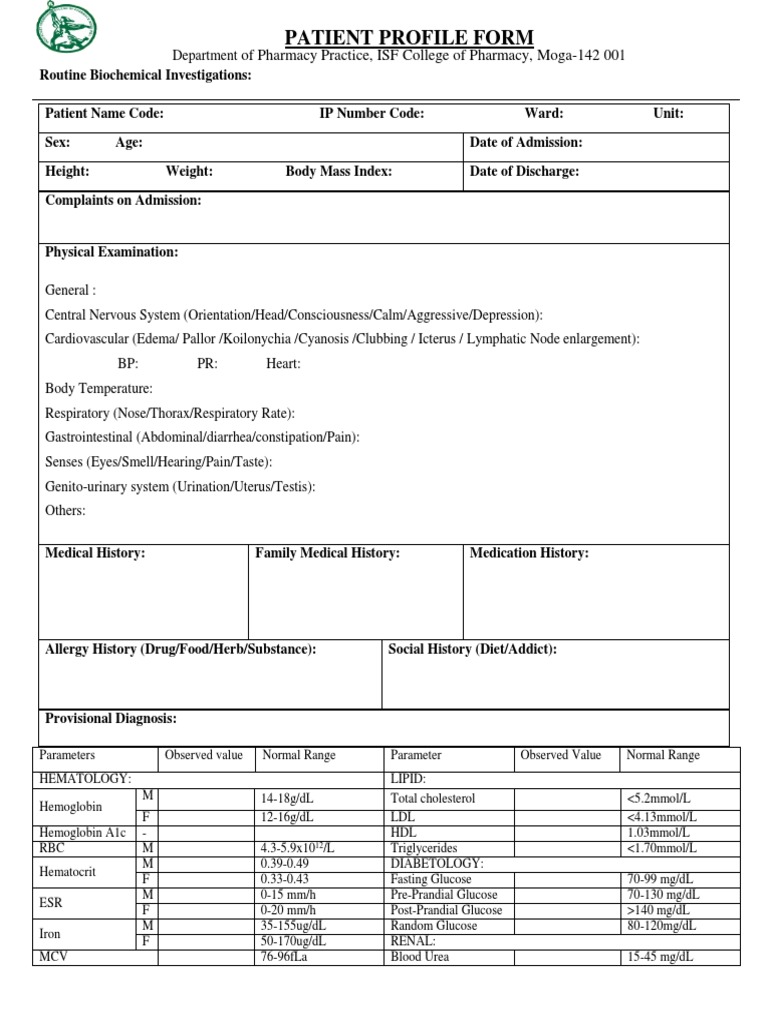 Patient Medication Profile Template | PDF | Pharmacy | Medical Specialties