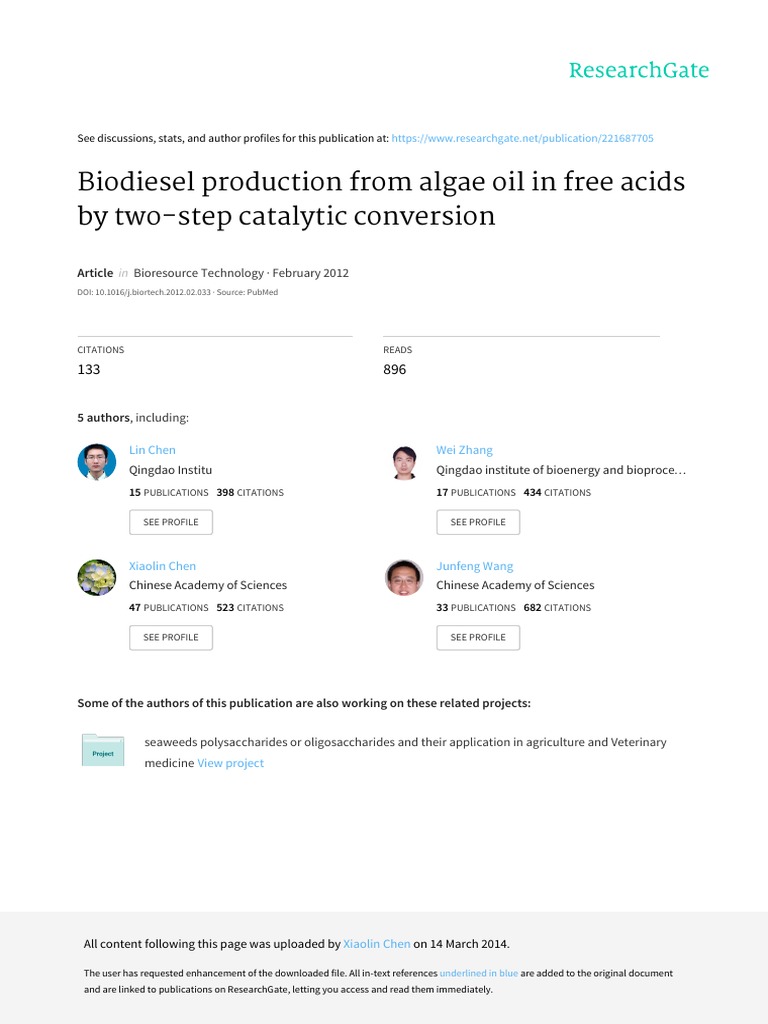Biodiesel Production From Algae Oil High in Free Fatty Acids by Two ...