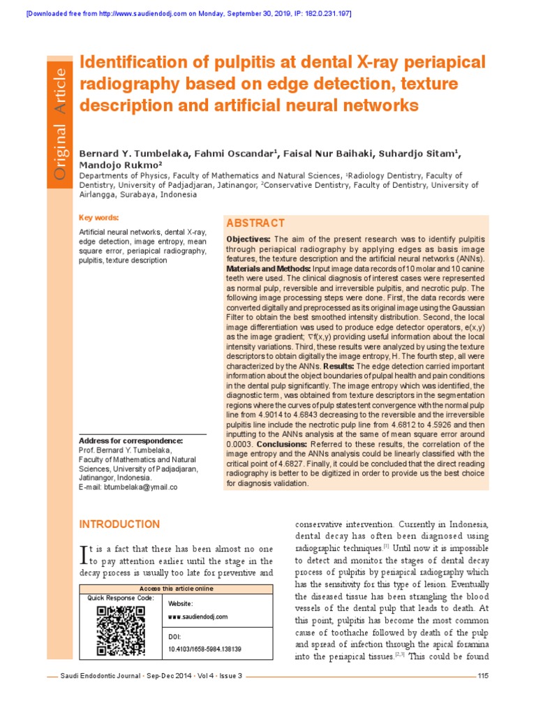 Identification of Pulpitis at Dental X Ray Periapical Radiography Based ...