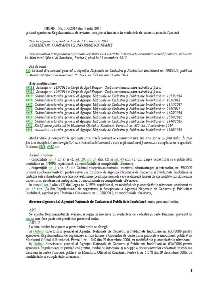 Ordinul Nr 700 2014 Privind Aprobarea Regulamentului De Avizare RecepÅ£ie Si Inscriere In EvidenÅ£ele De Cadastru