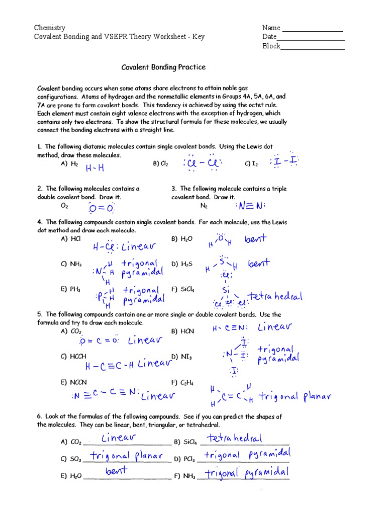 Covalent Bonding and VSEPR Theory Worksheet  PDF For Covalent Bonding Worksheet Answer Key