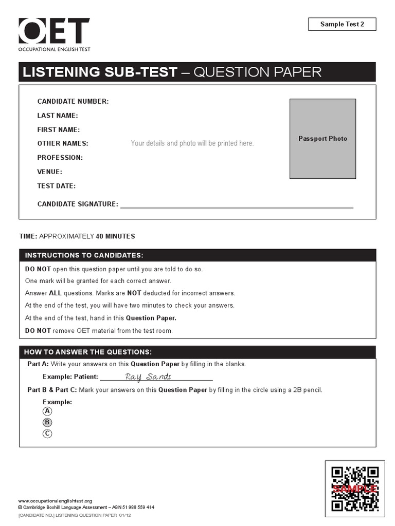 Listening Sample Test 2 Question Paper PDF | PDF | Analgesic | Surgery