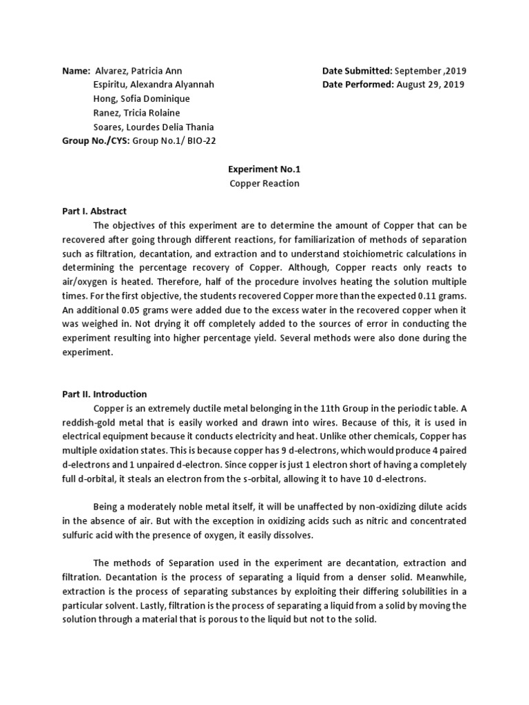 Copper Reaction - Labreport | PDF | Nitric Acid | Sulfuric Acid