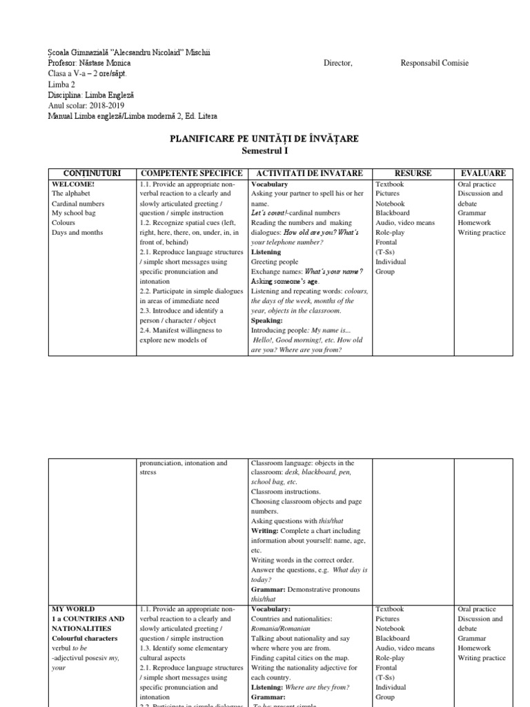 English Learning Plan for 5th Grade | PDF | Question | Plural