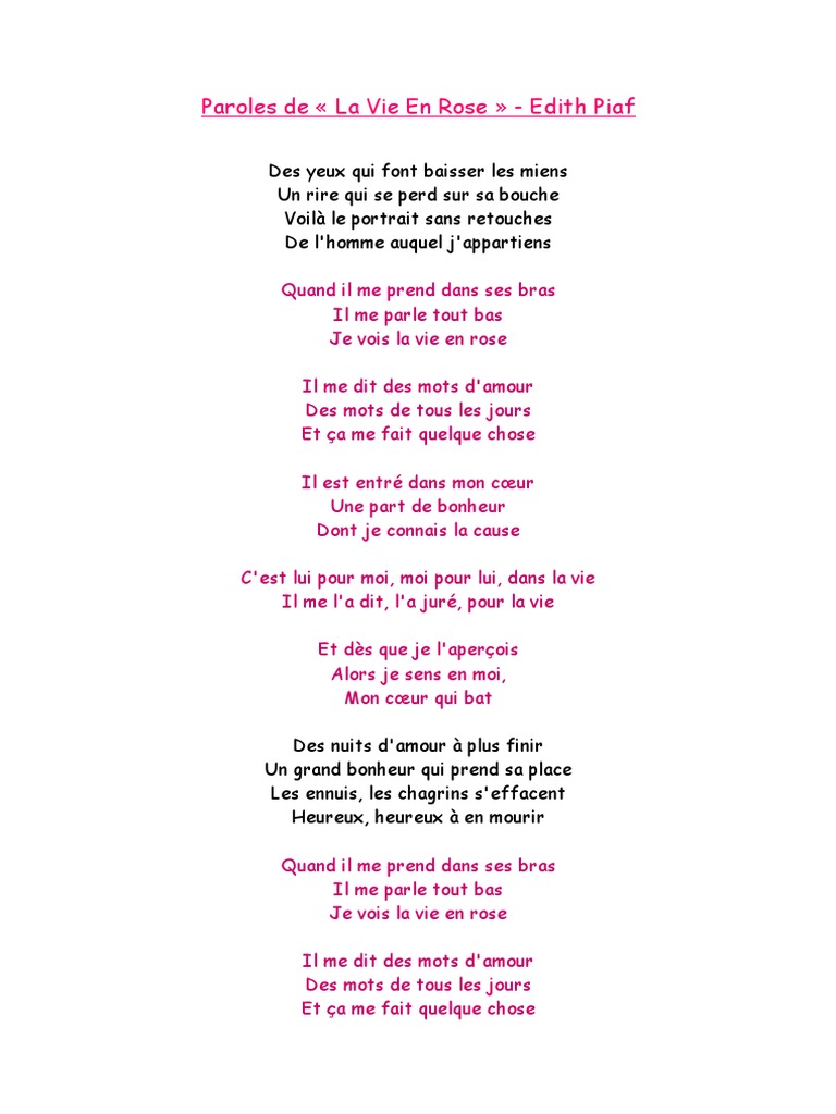 Paroles La Vie En Rose Edith Piaf
