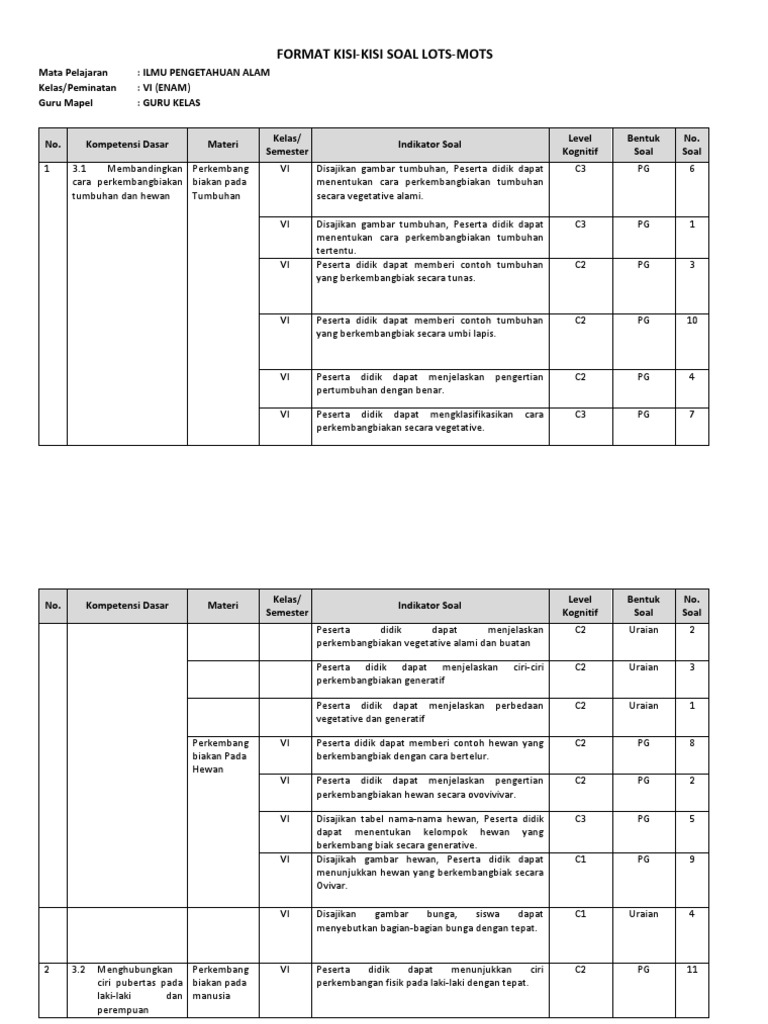 Format Kisi-Kisi Soal HOTS | PDF