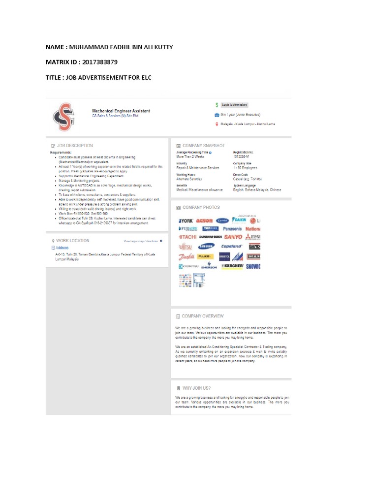 Job Ad for ELC - Muhammad Fadhil | PDF