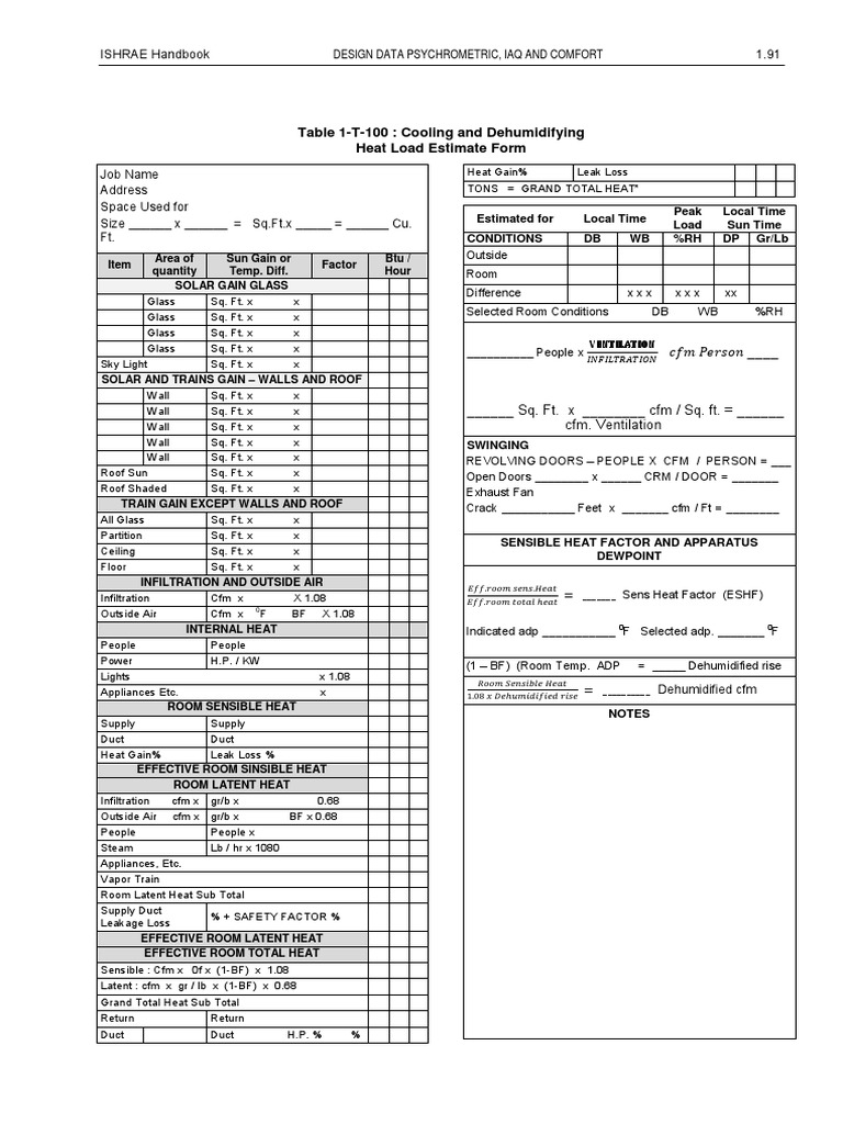 Table 1-T-100: Cooling and Dehumidifying Heat Load Estimate Form | PDF ...